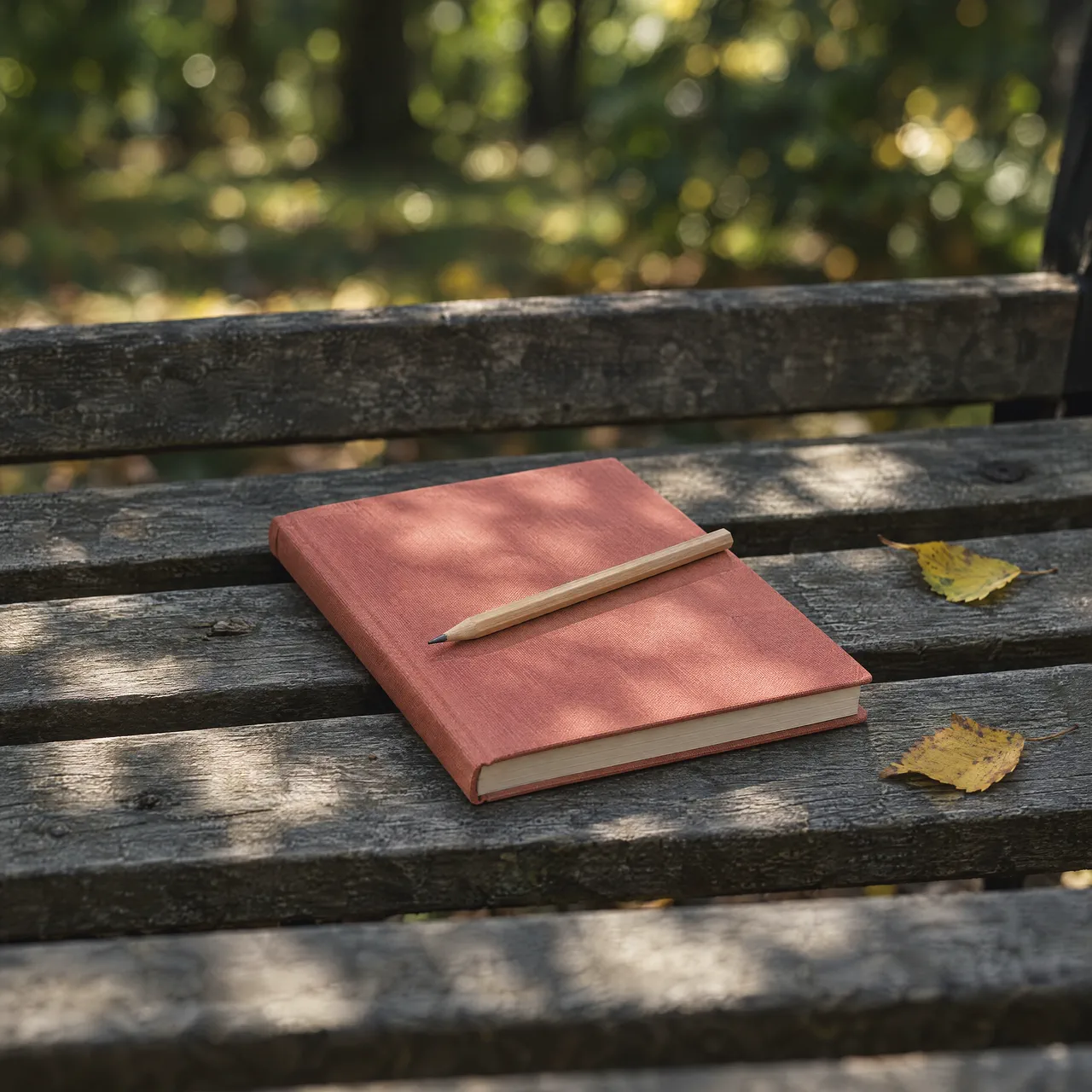 A closed coral notebook and a wooden pencil on a park bench
