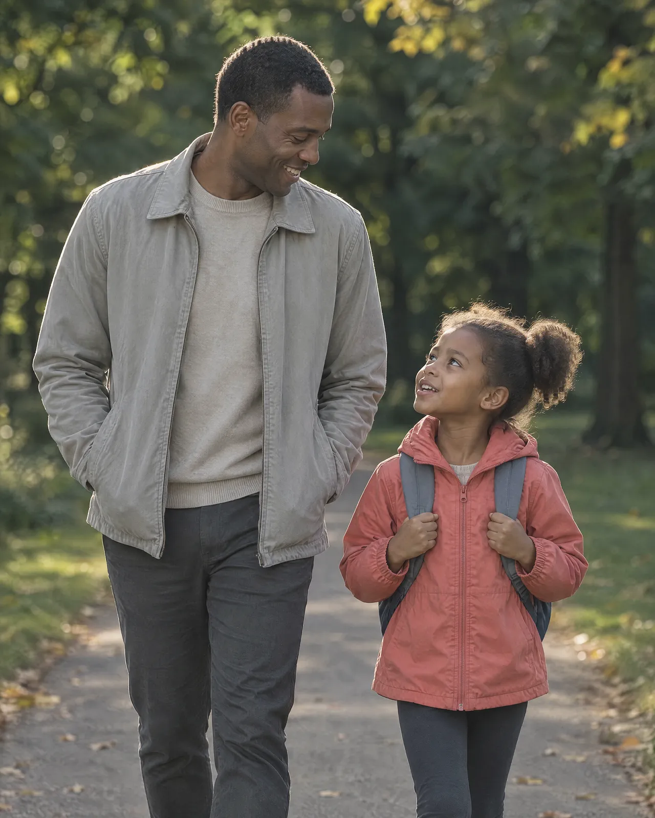 A man and a girl walking on a park path, talking and smiling