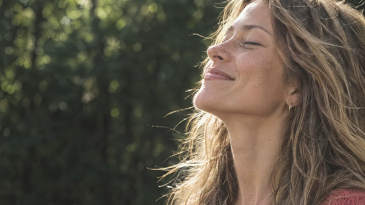 A woman with her eyes closed, face lifted to the afternoon sun