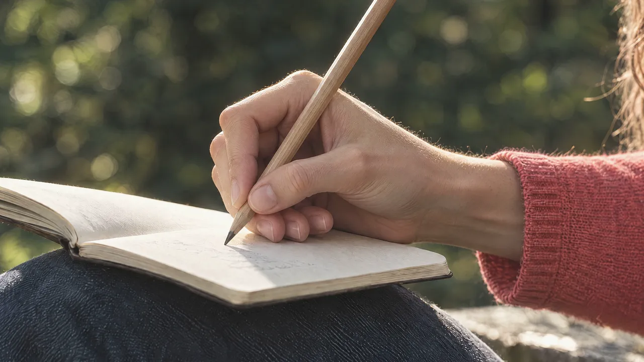 A hand writing in a notebook with a pencil, outdoors