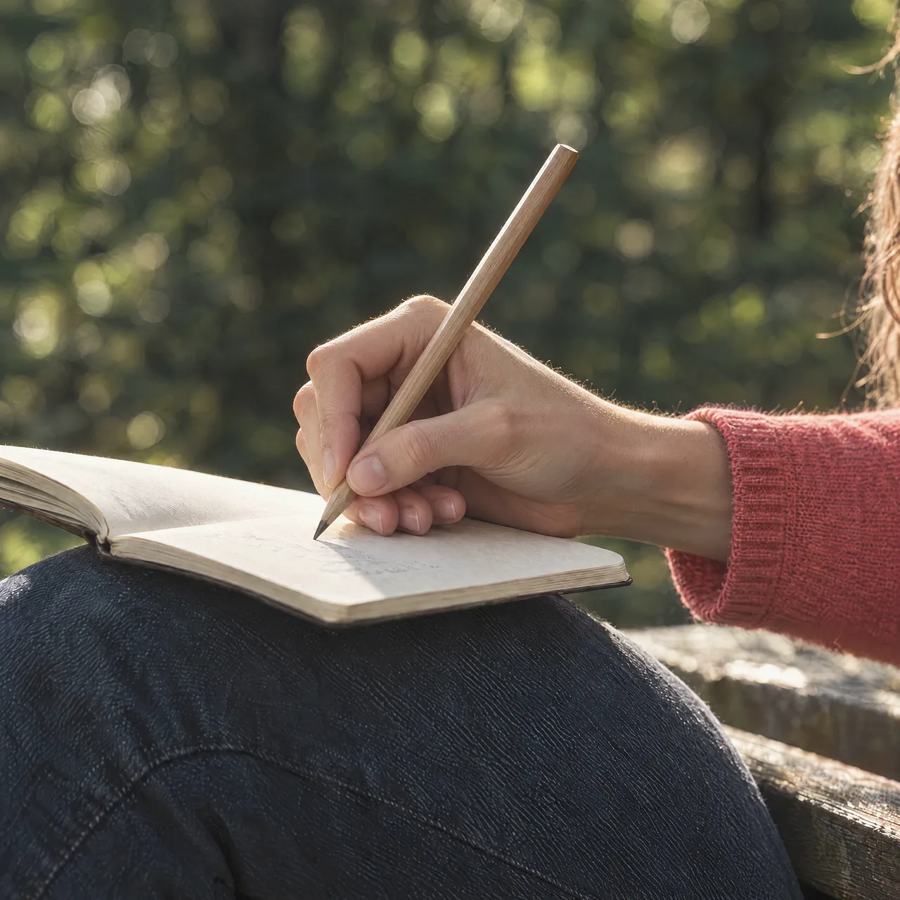 A hand writing in a notebook with a pencil, outdoors