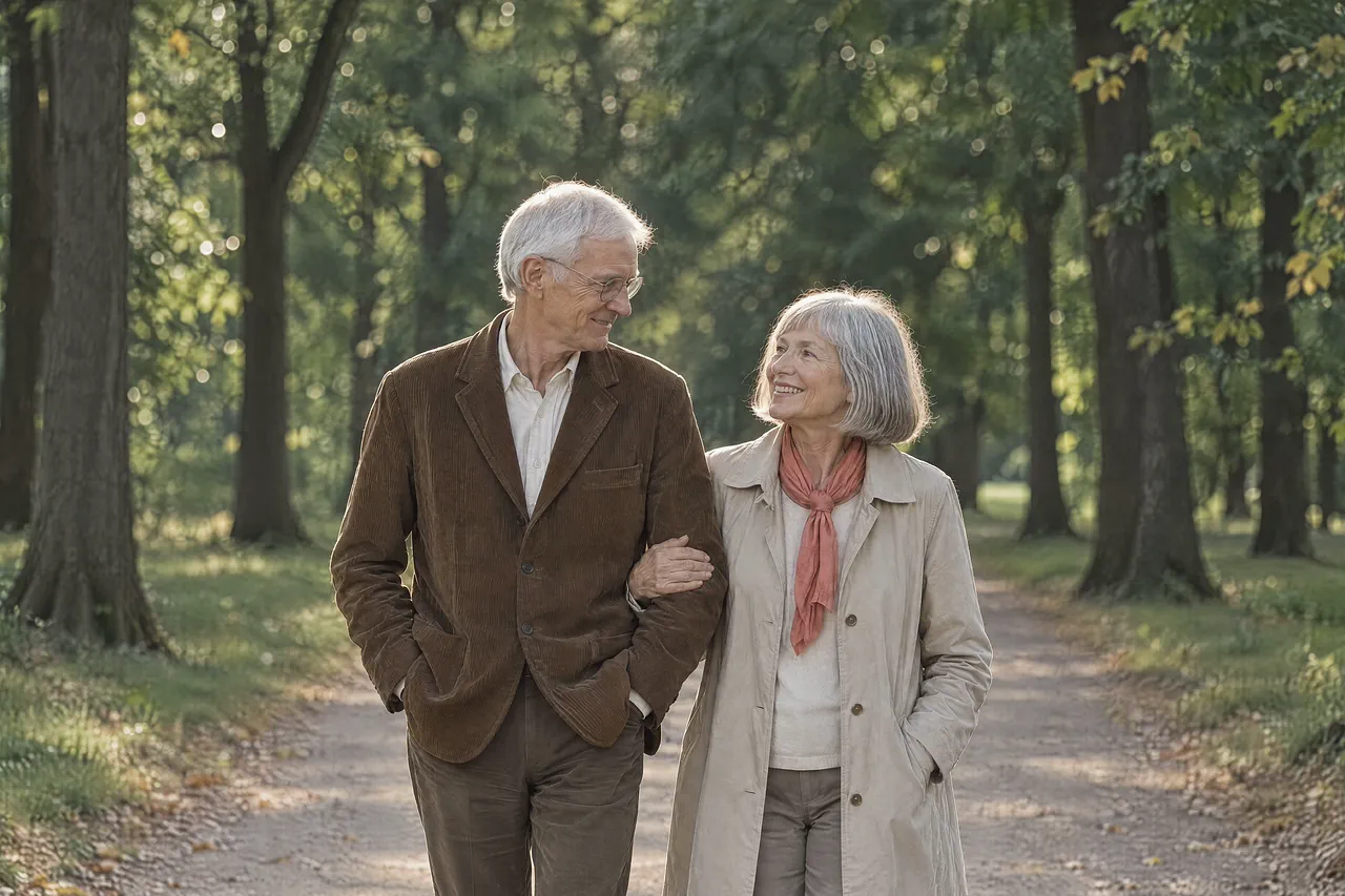 An older man and woman walking arm in arm along a tree-lined path