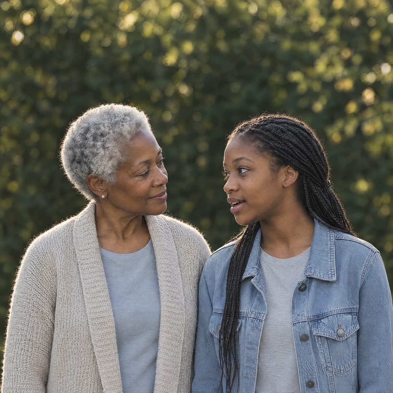 An older woman listening to a teenage girl talking, under trees